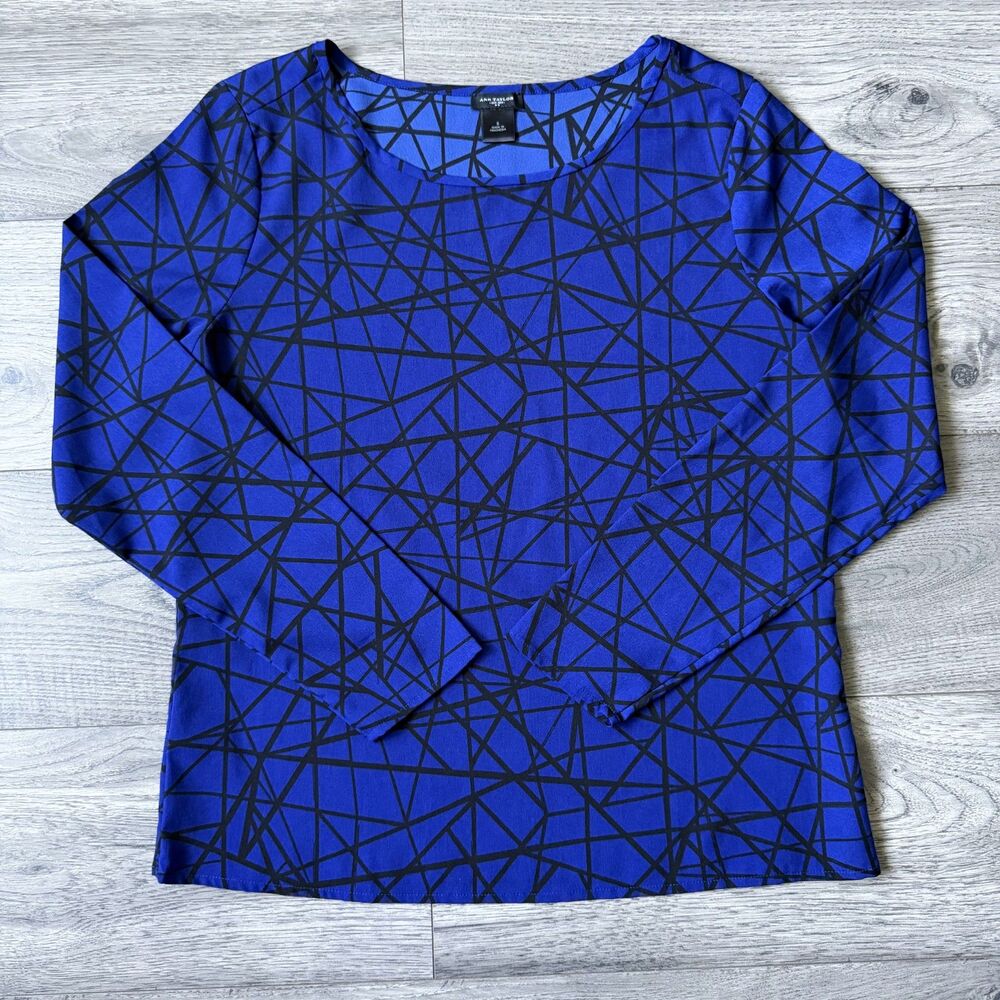 Ann Taylor  Women's Geometric Print Black and Blue Long Sleeve Blouse Size Small